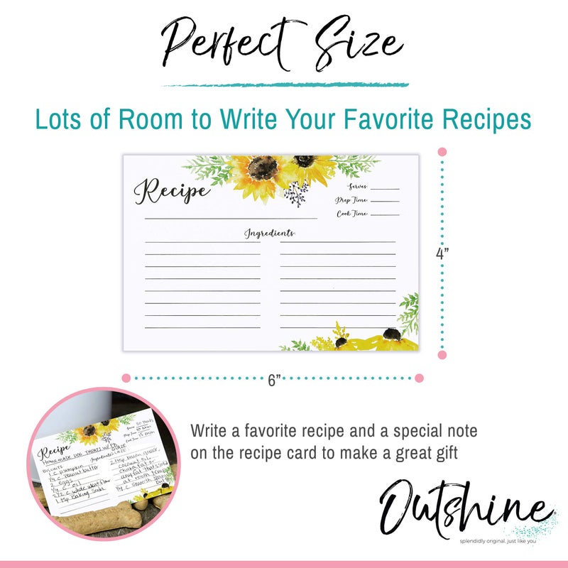 Outshine Premium Recipe Cards 4x6 Inches, Sunflower Design (Set of 50) | No-Smear Double Sided Thick Cardstock | Bulk Blank Recipe Cards for Recipe Box 4x6 Recipe Holders - Image 4